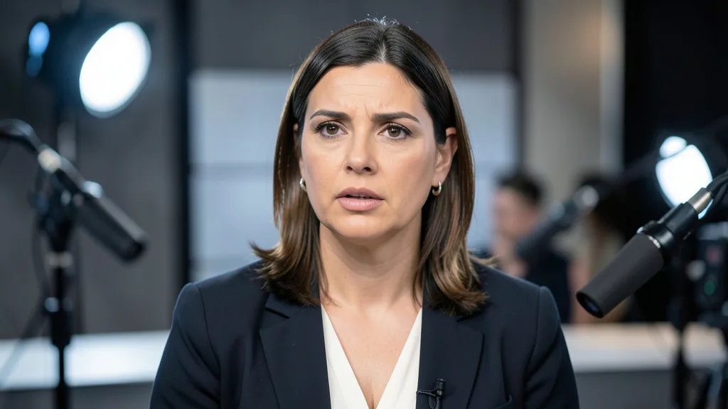 Imagem gerada por IA: Mulher fala durante entrevista em um estúdio de televisão.