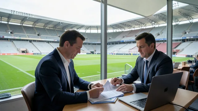 Imagem gerada por IA: Documentos financeiros sobre uma mesa diante de um estádio de futebol vazio.