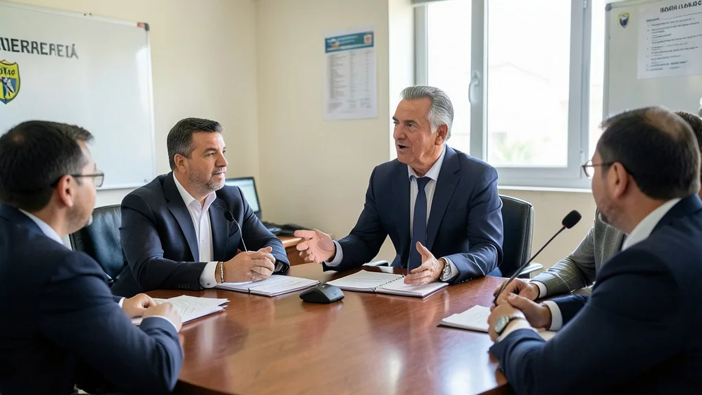 Imagem gerada por IA: Candidato discursa diante de conselheiros em uma reunião sobre o futuro do clube.