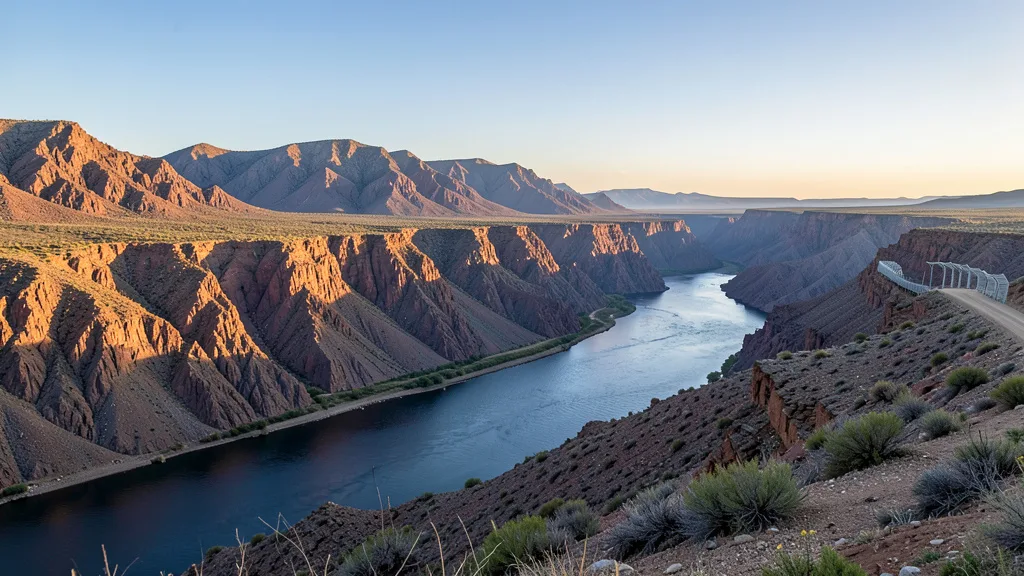 Imagem gerada por IA: Paisagem desértica de Big Bend com o Rio Grande e um trecho de barreira fronteiriça ao fundo.