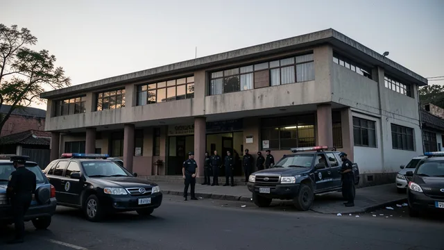 Policiais diante de um prédio do Ministério Público na Bolívia durante uma operação.