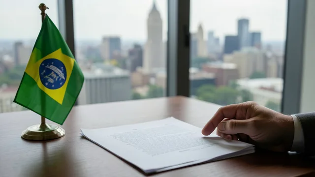 Imagem gerada por IA: Carta sobre uma mesa ao lado de uma pequena bandeira do Brasil, com Washington ao fundo.