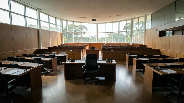 Imagem gerada por IA: Plenário do Senado Federal vazio, com a cadeira da Presidência em destaque.