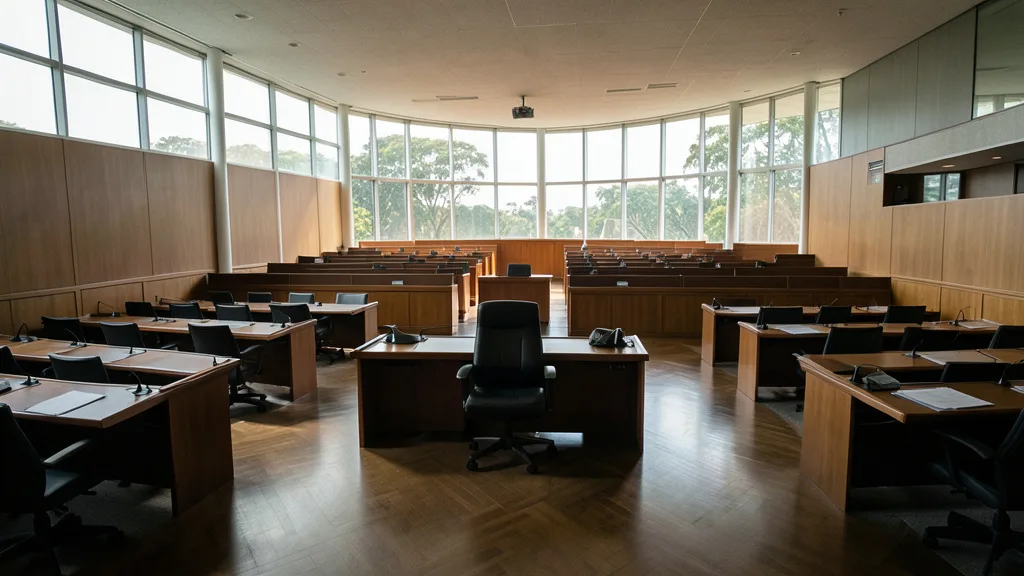 Imagem gerada por IA: Plenário do Senado Federal vazio, com a cadeira da Presidência em destaque.