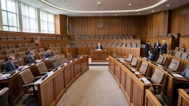 Imagem gerada por IA: Plenário do Senado com parlamentares conversando durante uma articulação política.