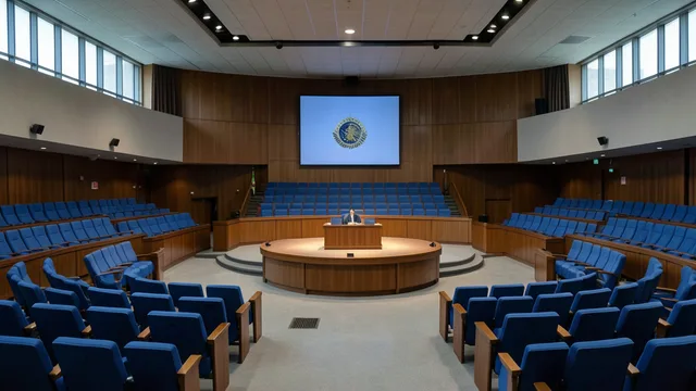 Plenário do Senado Federal vazio, com as cadeiras azuis e a mesa diretora ao fundo.