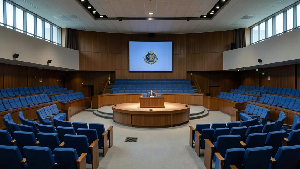 Plenário do Senado Federal vazio, com as cadeiras azuis e a mesa diretora ao fundo.