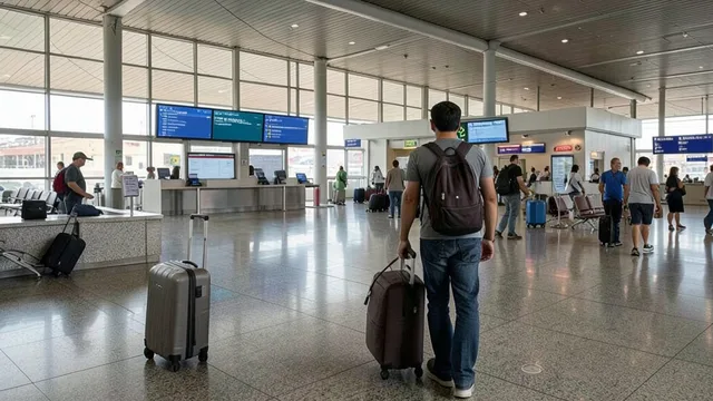 Imagem gerada por IA: Viajante com mala na área de chegadas do aeroporto Jorge Newbery, em Buenos Aires.
