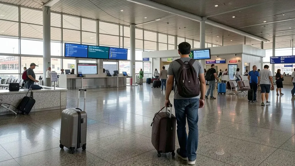 Imagem gerada por IA: Viajante com mala na área de chegadas do aeroporto Jorge Newbery, em Buenos Aires.