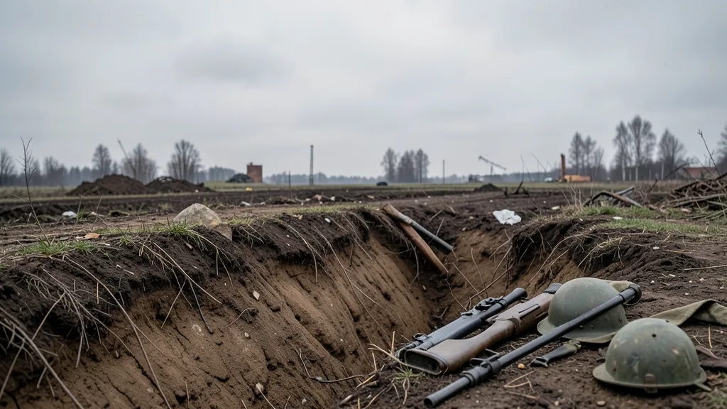 Imagem gerada por IA: Capacete e equipamento militar em uma trincheira na região de Donetsk.