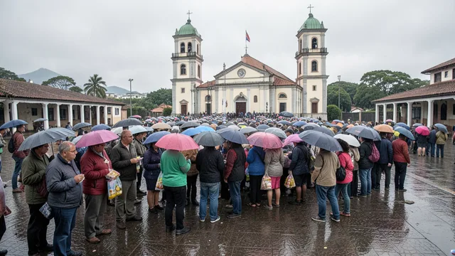 Imagem gerada por IA: Romeiros aguardam sob a chuva em uma fila no pátio do Santuário Nacional de Aparecida.