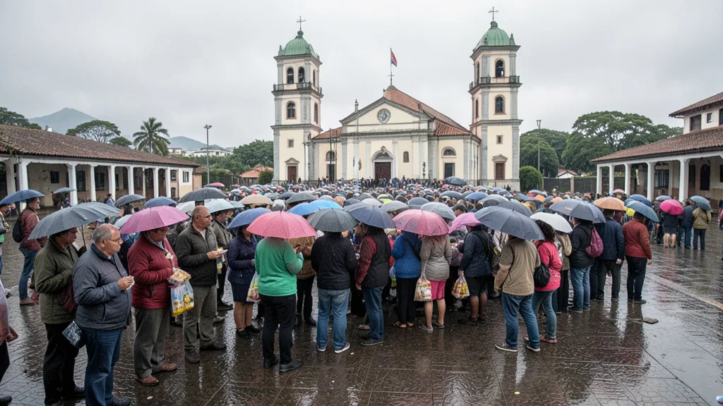 Imagem gerada por IA: Romeiros aguardam sob a chuva em uma fila no pátio do Santuário Nacional de Aparecida.