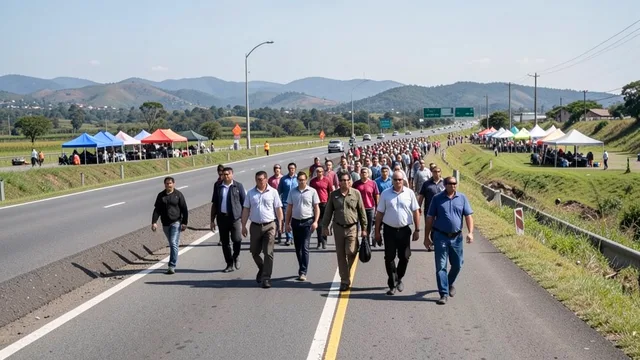 Romeiros caminham por um trajeto sinalizado próximo à rodovia Dutra, com tendas de apoio ao fundo.