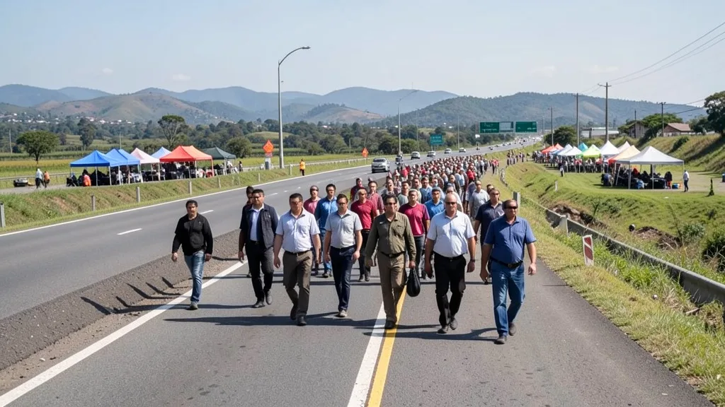 Romeiros caminham por um trajeto sinalizado próximo à rodovia Dutra, com tendas de apoio ao fundo.