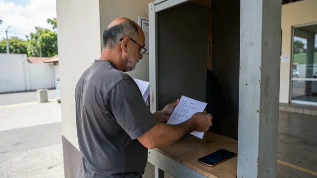 Imagem gerada por IA: Cabine de votação em local eleitoral, com um celular deixado do lado de fora.