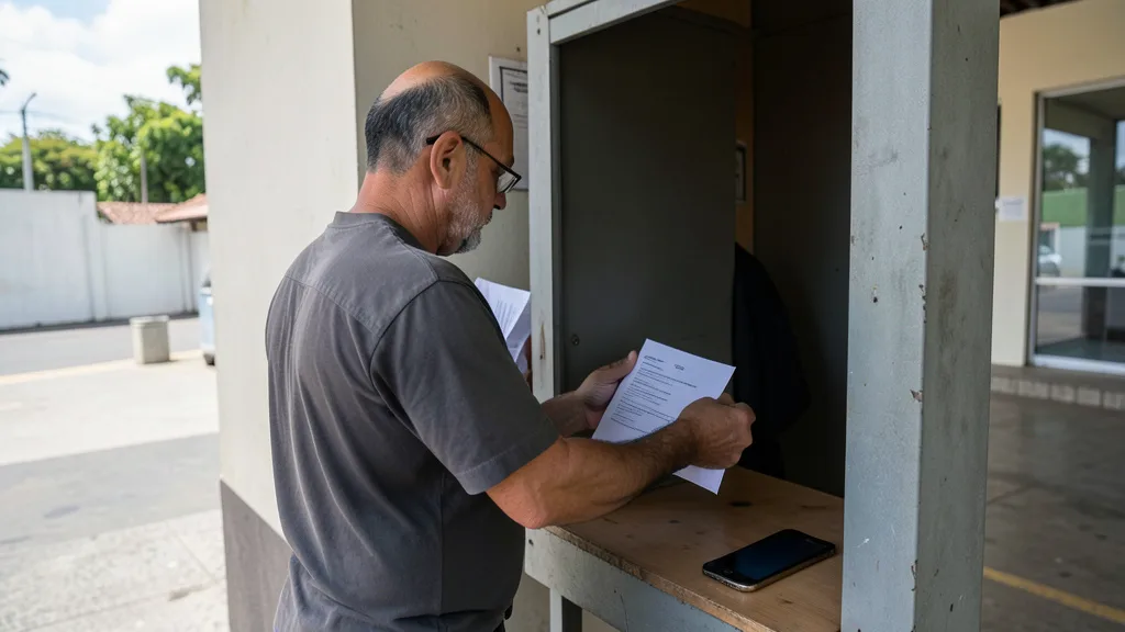Imagem gerada por IA: Cabine de votação em local eleitoral, com um celular deixado do lado de fora.