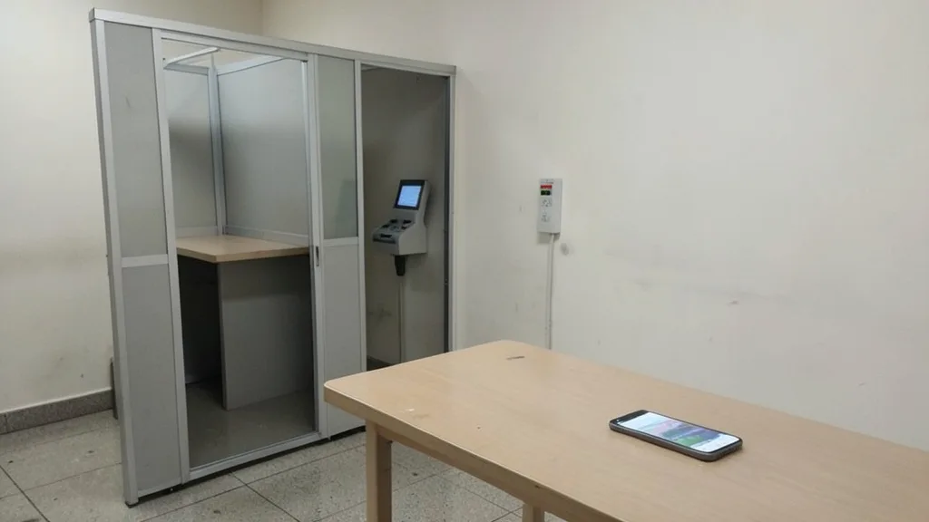 Imagem gerada por IA: Celular sobre uma mesa do lado de fora de uma cabine de votação.