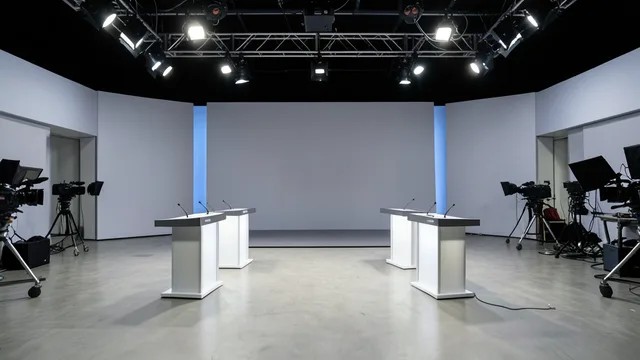 Palco vazio de um debate eleitoral em estúdio de televisão, com púlpitos e equipamentos de transmissão.