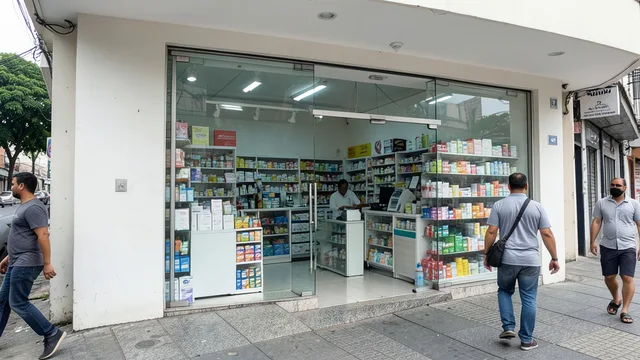 Fachada de uma farmácia moderna em São Paulo, com clientes passando diante da entrada envidraçada.
