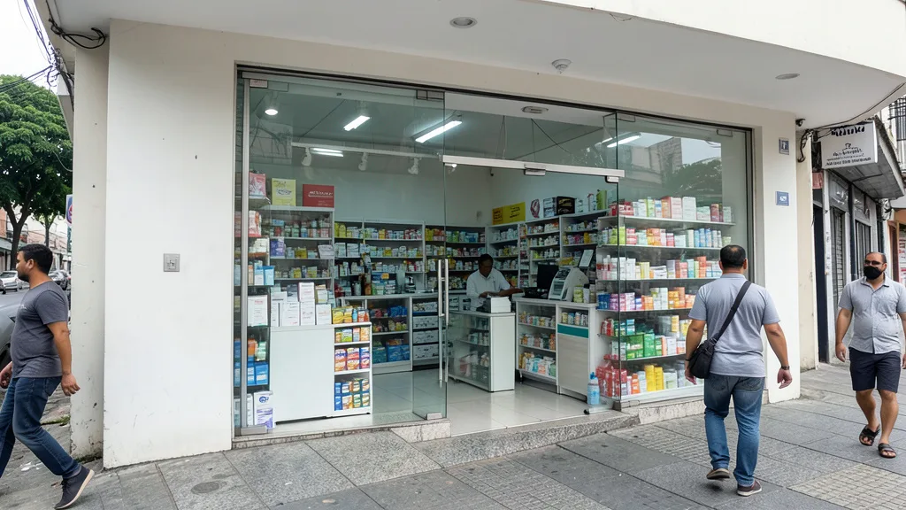 Fachada de uma farmácia moderna em São Paulo, com clientes passando diante da entrada envidraçada.