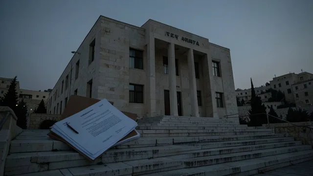 Imagem gerada por IA: Fachada de um prédio de segurança em Israel e uma pasta de documentos em primeiro plano.
