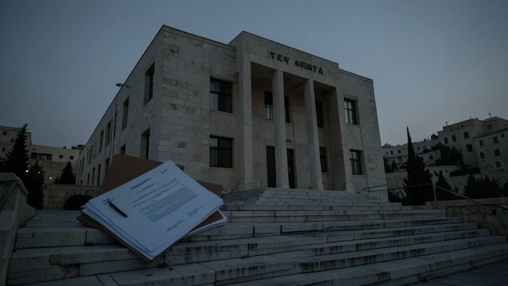 Imagem gerada por IA: Fachada de um prédio de segurança em Israel e uma pasta de documentos em primeiro plano.
