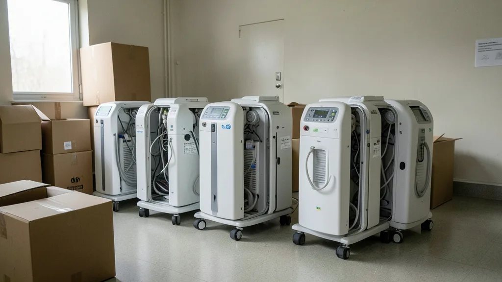 Imagem gerada por IA: Respiradores médicos armazenados em uma sala hospitalar.