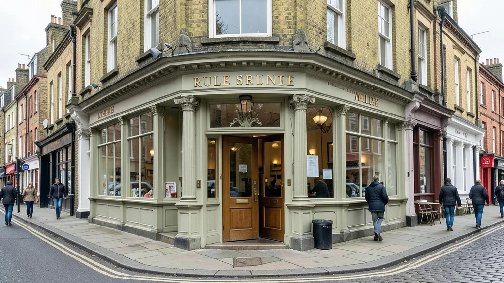 Imagem gerada por IA: Fachada histórica do restaurante Rules em uma rua de Covent Garden, Londres.