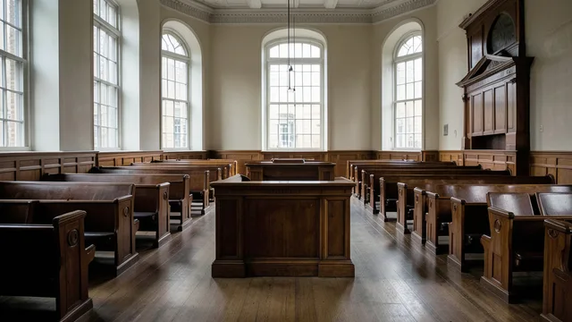 Imagem gerada por IA: Tribunal vazio em Londres, com o banco do juiz e fileiras de assentos.