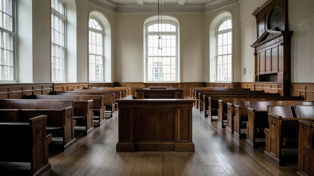 Imagem gerada por IA: Tribunal vazio em Londres, com o banco do juiz e fileiras de assentos.