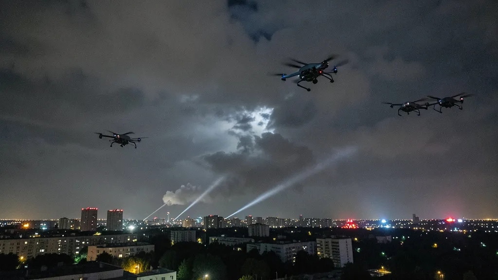 Imagem gerada por IA: Drones cruzam o céu noturno sobre uma cidade, enquanto fachos de luz varrem as nuvens.