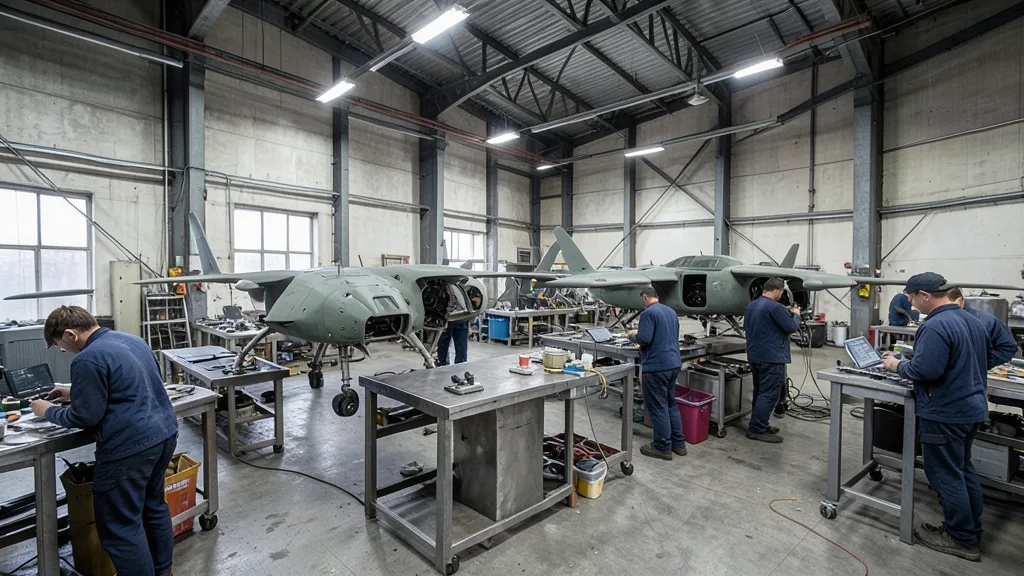 Imagem gerada por IA: Drones militares sem identificação em uma linha de montagem industrial.