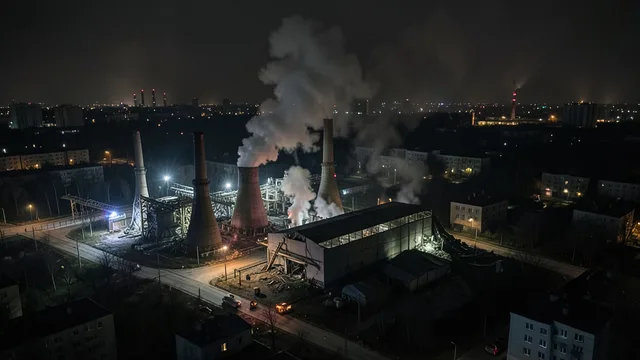 Imagem gerada por IA: Usina termelétrica danificada à noite, com fumaça e áreas escuras ao redor.