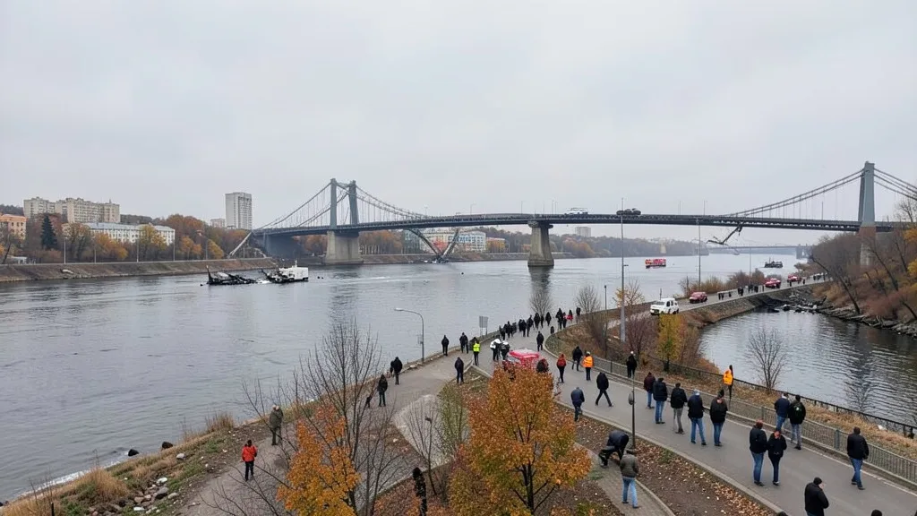 Ponte sobre o rio Dnieper em Kiev após ataque, com equipes de emergência e trânsito desviado.