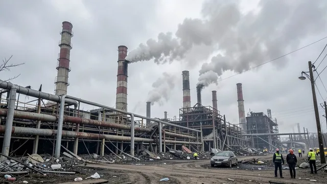 Imagem gerada por IA: Estruturas danificadas de uma usina termelétrica em Kharkiv após um ataque.