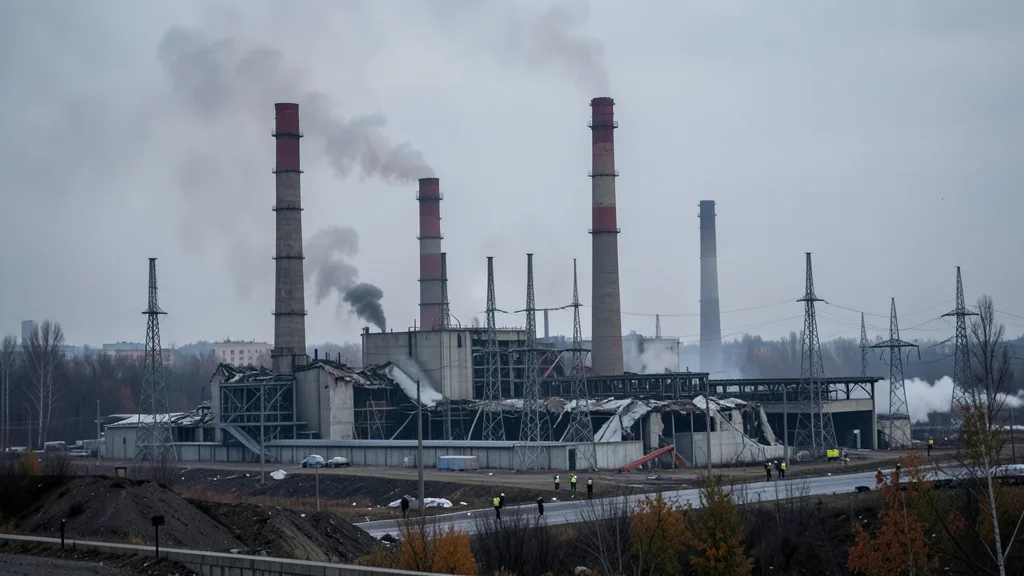 Imagem gerada por IA: Usina de energia ucraniana danificada após um ataque aéreo, com estruturas industriais e fumaça ao fundo.