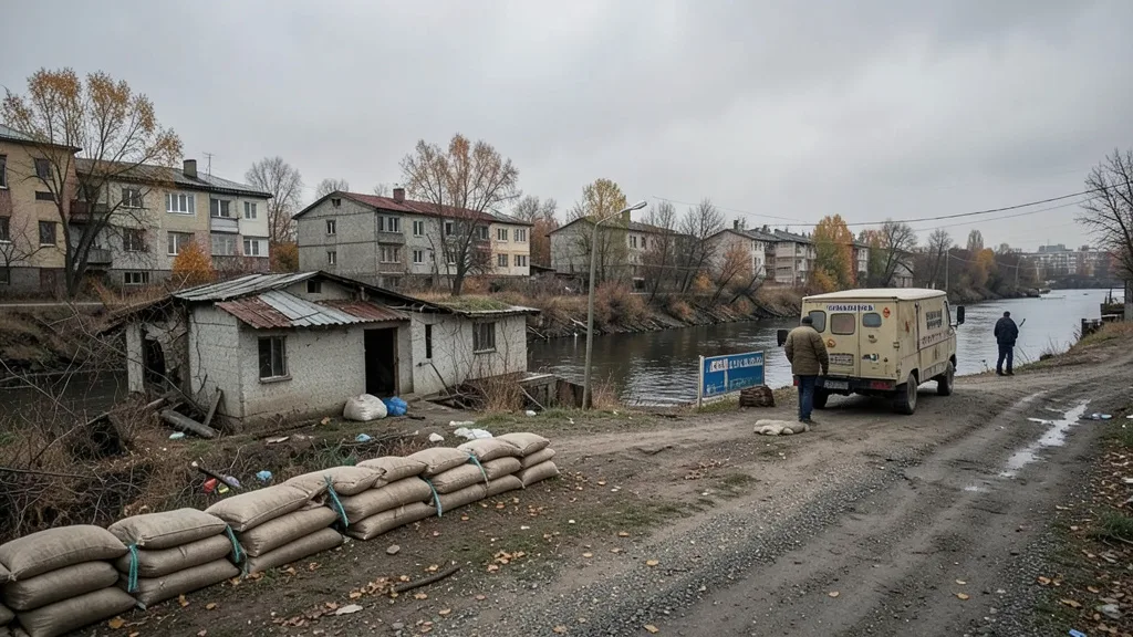 Imagem gerada por IA: Rua danificada em uma cidade ucraniana próxima ao rio Dnipro, com veículo de ajuda humanitária ao fundo.