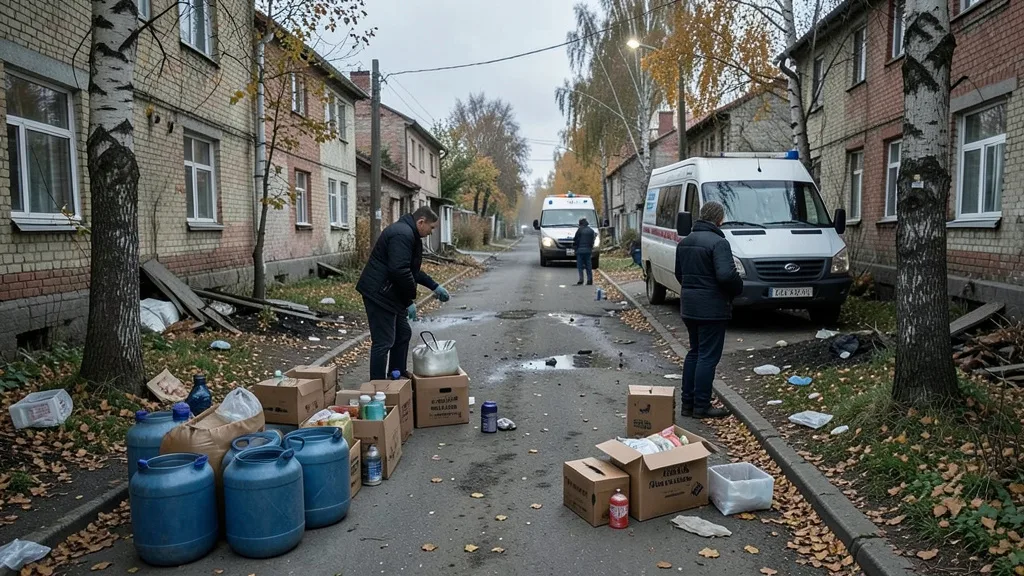Imagem gerada por IA: Suprimentos humanitários preparados em uma rua de uma cidade ucraniana danificada.