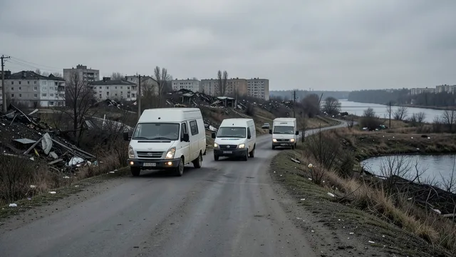 Imagem gerada por IA: Veículos de ajuda humanitária seguem por uma estrada em direção a uma cidade danificada no sul da Ucrânia.