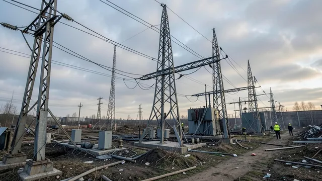 Imagem gerada por IA: Instalações de energia danificadas após um ataque aéreo na Ucrânia.