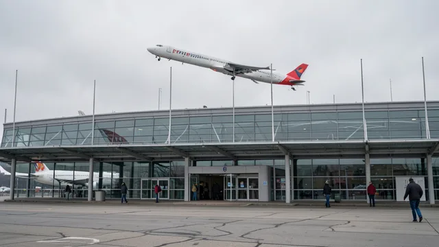 Imagem gerada por IA: Área externa do aeroporto de Pulkovo, em São Petersburgo, com um avião ao fundo.
