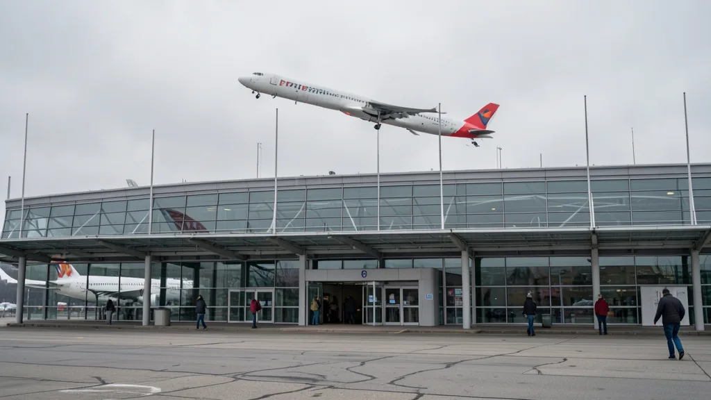Imagem gerada por IA: Área externa do aeroporto de Pulkovo, em São Petersburgo, com um avião ao fundo.