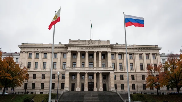 Imagem gerada por IA: Parlamento da Sérvia em Belgrado com bandeiras sérvia e russa ao fundo.
