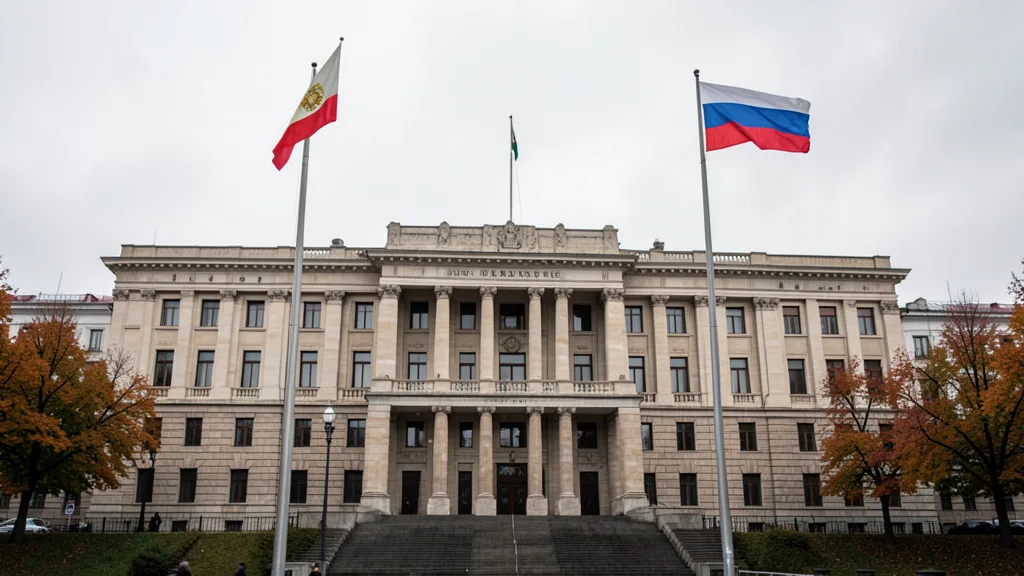 Imagem gerada por IA: Parlamento da Sérvia em Belgrado com bandeiras sérvia e russa ao fundo.