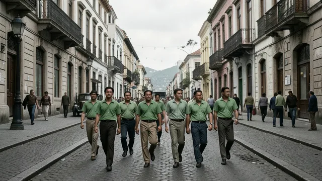 Imagem gerada por IA: Homens com camisas verdes marcham por uma rua histórica do Rio de Janeiro.