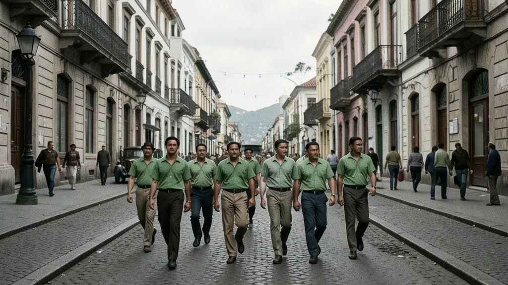 Imagem gerada por IA: Homens com camisas verdes marcham por uma rua histórica do Rio de Janeiro.