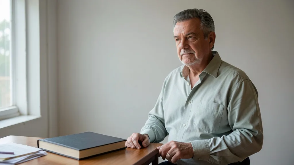 Imagem gerada por IA: Ruy Castro ao lado de um livro fechado sobre uma mesa.