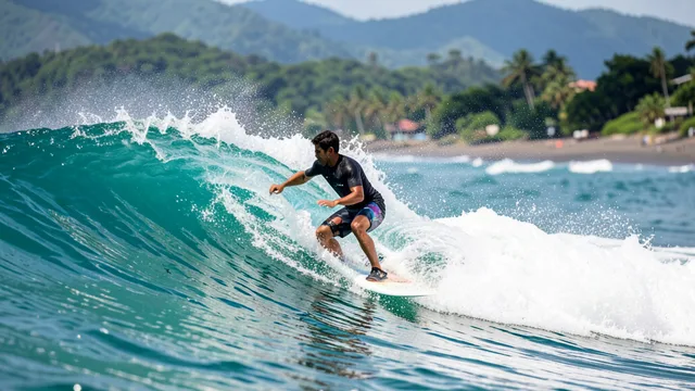 Imagem gerada por IA: Surfista faz uma manobra em uma onda na praia de Itamambuca, em Ubatuba.