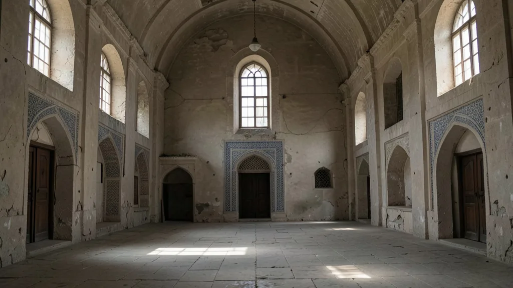 Imagem gerada por IA: Interior vazio de um local de culto histórico na Síria, iluminado por janelas altas.
