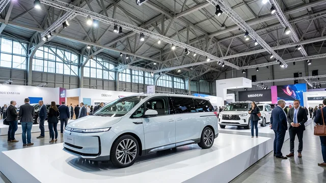 Imagem gerada por IA: Conceito de carro elétrico em exposição em um salão automotivo, com visitantes ao fundo.